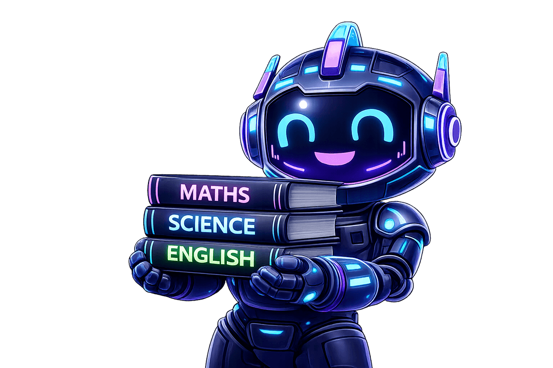 Riley holding Maths, Science and English books